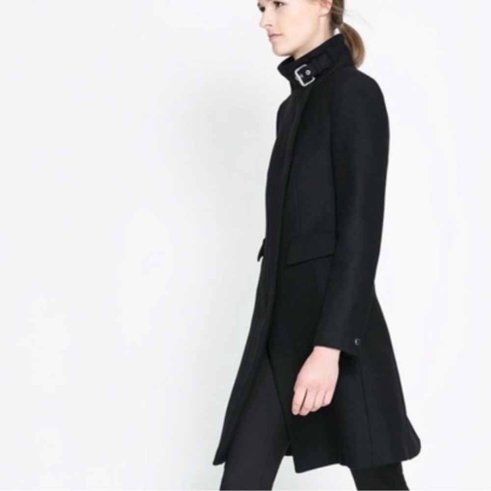 Zara Navy Blue Military Style Tailored belted buckle wool coat L fits like M